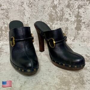 Gucci Horse Bit Leather Clog Mules with Wooden Heel in Black